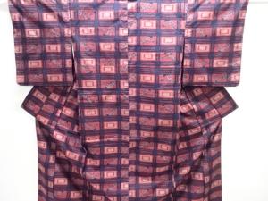 アンティーク　変わり格子に草花模様織出し十日町紬着物